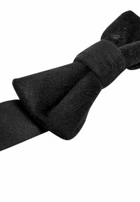 Papillon in velluto nero con texture liscia e nodo centrale, fissato a una cinghia in raso nero abbinata. Il design è classico ed elegante.