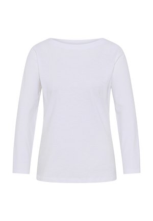 Weißes Langarmshirt mit Rundhalsausschnitt, aus weichem Baumwollstoff gefertigt. Einfaches Design, leicht taillierte Passform, keine sichtbaren Muster oder Akzente.