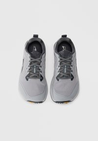 Une paire de chaussures de trail de couleur grise avec des accents noirs et des lacets à motifs, vue de dessus sur un fond blanc.