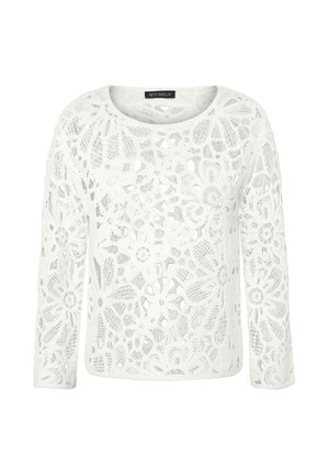 Pull crochet blanc à manches longues avec motifs de dentelle florale et un col rond, étiquette Betty Barclay.