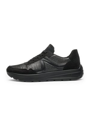 Black low-top sneaker with textured leather and suede panels, lace-up front, and thick rubber sole designed for casual wear.