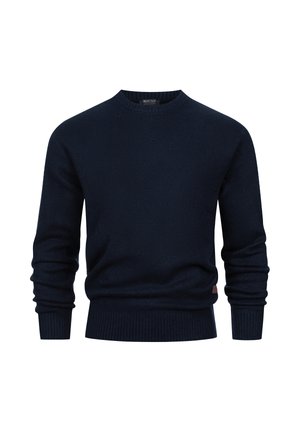 Marineblauer Pullover aus weichem Stoff, mit Rundhalsausschnitt, gerippten Ärmelbündchen und Saum. Logo-Patch-Details in der Nähe der Taille.