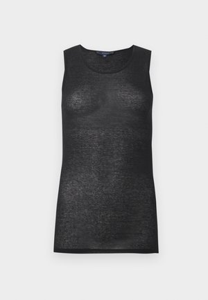 Haut sans manches noir en maille semi-transparente avec encolure ronde et texture subtilement visible, présenté sur un fond blanc uni.