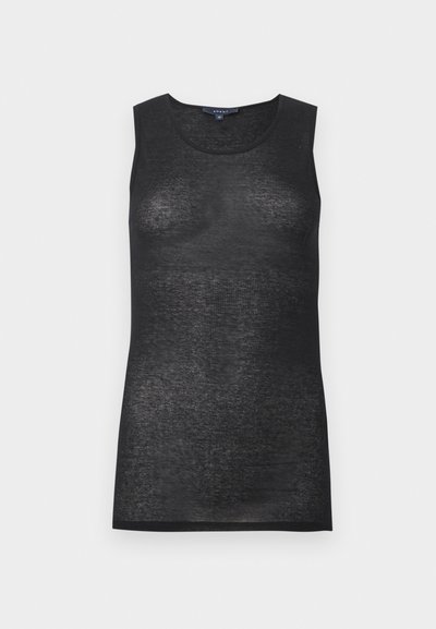 Haut sans manches noir en maille semi-transparente avec encolure ronde et texture subtilement visible, présenté sur un fond blanc uni.