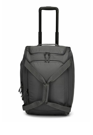 Gray wheeled duffel bag with extendable handle, featuring dual side zippers, padded straps, and a structured rectangular design.