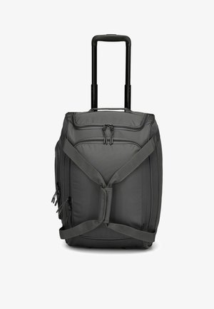 Graue Rolltasche mit ausziehbarem Griff, ausgestattet mit doppelseitigen Reißverschlüssen, gepolsterten Trägern und einem strukturierten rechteckigen Design.