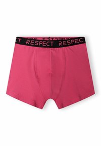 Boxer in cotone rosa con elastico nero in vita su cui è stampata in grassetto la parola "RISPETTO". Texture liscia, vestibilità standard.