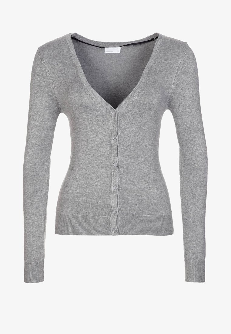 Grauer Cardigan mit langen Ärmeln, V-Ausschnitt und sechs Knöpfen vorne. Hergestellt aus einem weichen, leichten Strickstoff.