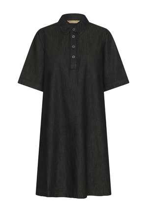 Robe chemise en denim noir avec col, manches courtes et patte de boutonnage. Présente une coupe droite et un tissu texturé.