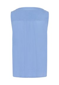 Haut sans manches bleu clair avec un col rond, arborant une texture lisse et un détail de pli au dos. Design simple et droit.