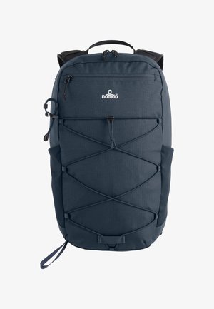 Marineblauwe stof rugzak met een gestructureerd oppervlak, voorvak met rits en een ontwerp met elastische koord. Inclusief gewatteerde schouderbanden en een handvat aan de bovenkant.