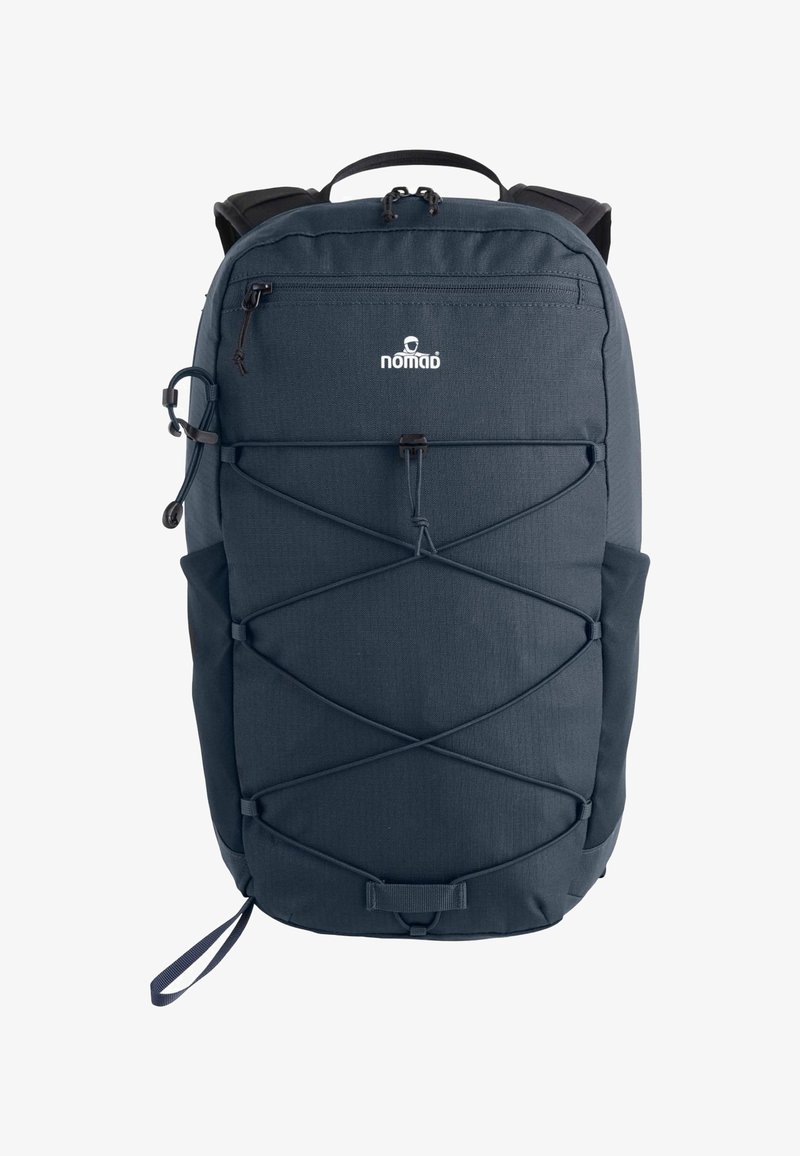 Marineblauwe stof rugzak met een gestructureerd oppervlak, voorvak met rits en een ontwerp met elastische koord. Inclusief gewatteerde schouderbanden en een handvat aan de bovenkant.