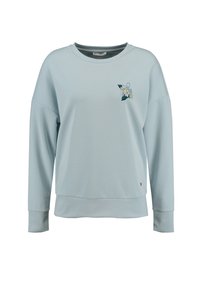 Felpa azzurra con scollatura tonda, maniche lunghe e un ricamo floreale sul lato sinistro del petto. Tessuto morbido.