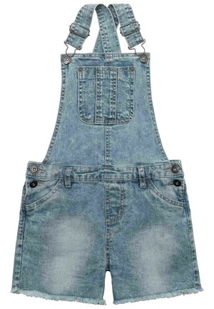 Lyseblå denim korte overalls med justerbare skulderstropper, front brystlomme, sideknapper og frynset kant på shorts.