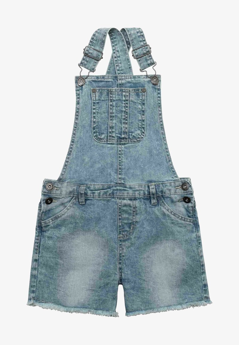 Salopette courte en jean bleu clair avec bretelles réglables, poche poitrine avant, boutons latéraux et ourlet effiloché sur le short.