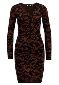 Robe en tricot à manches longues, ajustée, avec un motif de feuilles abstraites marron sur fond noir, col en V, longueur genou.