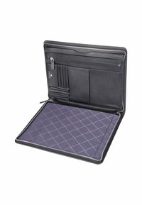 Black leather portfolio with zipper, multiple card slots, pen holders, a zippered pocket, and a fabric-covered writing pad inside.