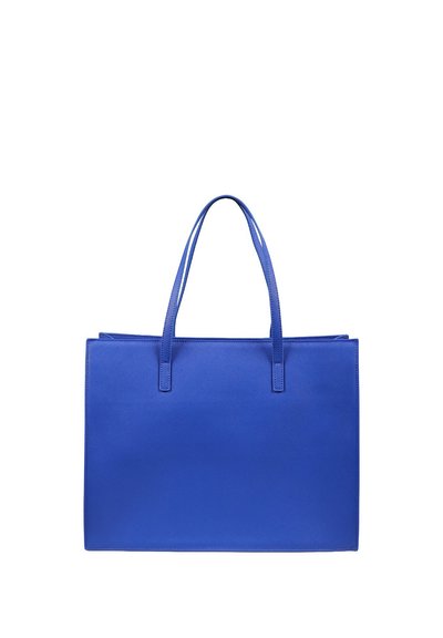 Borsa a spalla blu con una superficie liscia, forma rettangolare e due manici lunghi, caratterizzata da un design minimalista e senza hardware visibile.