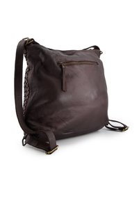 Brown leather bag with a textured finish, featuring a braided side detail and a zip pocket on the front. Adjustable strap included.