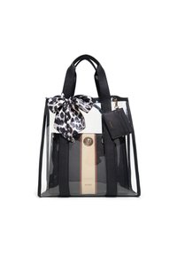 Borsa a tracolla trasparente con manici in tessuto nero, dotata di un fiocco con stampa leopardo e di un piccolo portacarte nero attaccato. Pannello centrale in crema e oro.