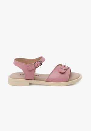 Sandali in pelle rosa con due cinturini regolabili, suola piatta beige e superficie liscia. Adatti per un abbigliamento casual.