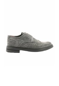 Scarpe brogue in suede grigio con dettagli perforati, punta rotonda, suola piatta in gomma nera e design classico con lacci.
