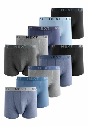 Zehn Paar Herren-Boxershorts in verschiedenen Farben: Schwarz, Dunkelgrau, Hellgrau, Marineblau, Hellblau und Jeansblau, mit kontrastierenden elastischen Taillenbändern, die mit "NEXT" beschriftet sind.