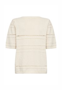 Krémový pletený top s krátkým rukávem, se svislými texturovanými pruhy a malými oky na zádech a rukávech.