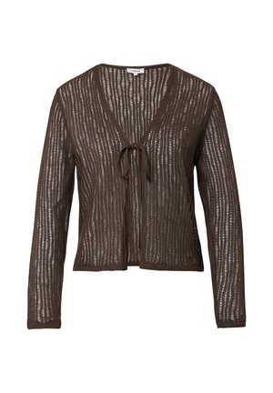 Brown, long-sleeve cardigan with a V-neck, tie closure at the front, and an open, textured knit pattern.