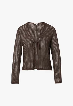 Brauner, langärmeliger Cardigan mit V-Ausschnitt, Bindegürtel vorne und einem offenen, strukturierten Strickmuster.