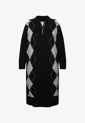 Schwarz und graues gestricktes Kleid mit einem Reißverschlusskragen und einem Argyle-Muster. Hergestellt aus weichem Material; lange Ärmel und lockere Passform.