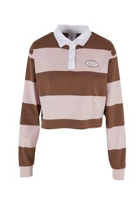 Brun og rosa stripete langermet polo-skjorte med hvit krage, har en logo-patch og en cropped design. Mykt bomullsmateriale.
