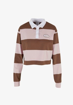 Brun och rosa randig långärmad polo med vit krage, har en logotyp-patch och en kort design. Mjuk bomullsmaterial.