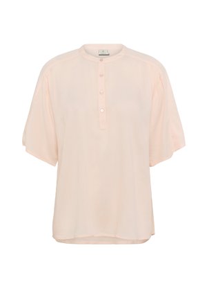 Light pink short-sleeve blouse with a rounded neckline, button closure, and a relaxed fit. Made from a smooth, soft fabric with subtle sheen.