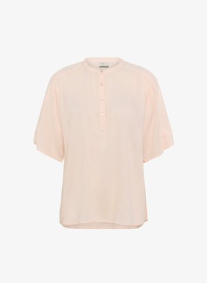Light pink short-sleeve blouse with a rounded neckline, button closure, and a relaxed fit. Made from a smooth, soft fabric with subtle sheen.
