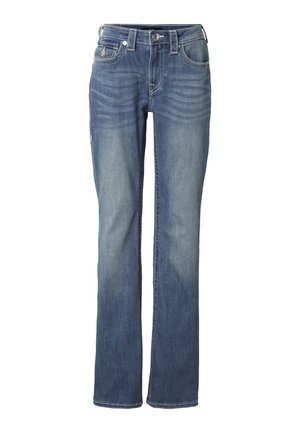 Blauwe straight-leg jeans met knoop- en ritssluiting aan de voorkant, voorzakken en muntenzakje, en vervaagde details op de dijen en knieën.