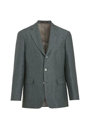 Grauer Herrenblazer mit einreihiger Knopfleiste, K notch-Revers, zwei vorderen Pattentaschen und drei Knöpfen, dargestellt vor weißem Hintergrund.