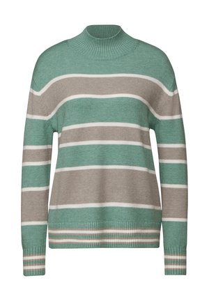 Lichte gebreide trui met teal, grijze en witte horizontale strepen. Ribbelkraag en -manchetten met een rechte zoom. Zachte textuur.
