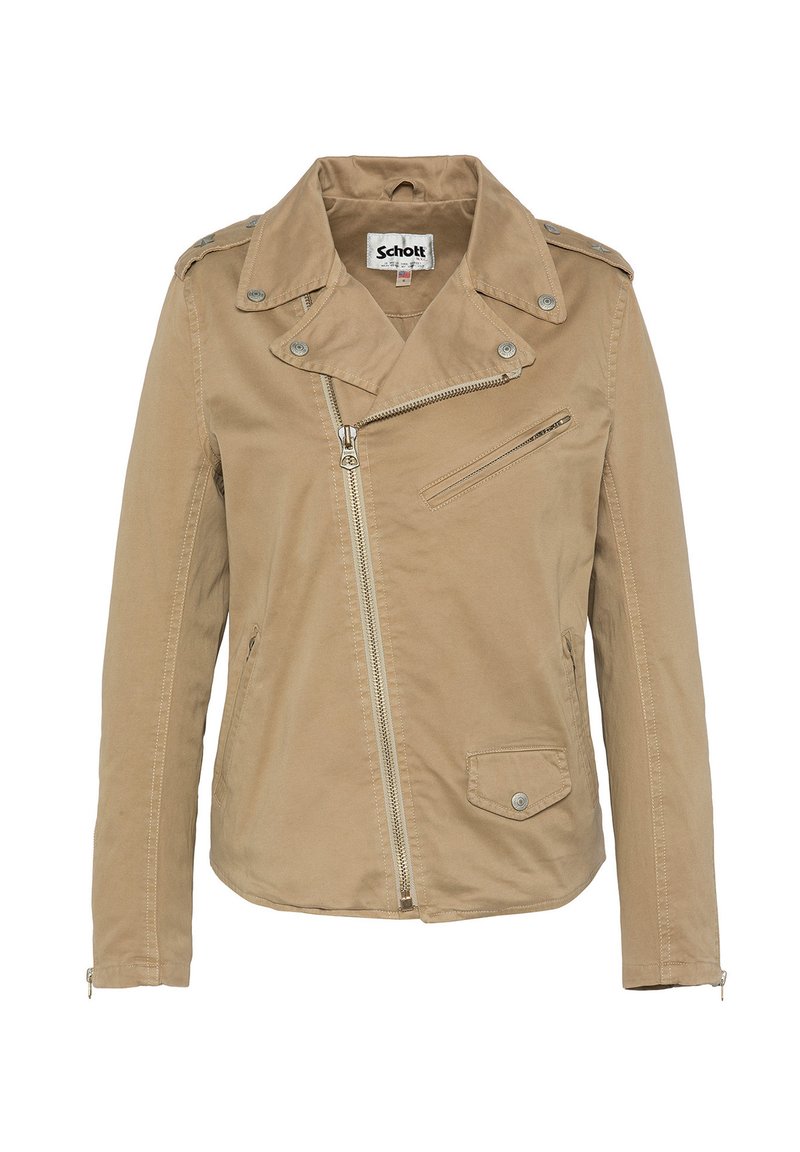 Giacca di cotone beige con colletto a rever e zip asimmetrica sul davanti. Presenta una tasca sul petto con zip e tasche laterali con bottone.