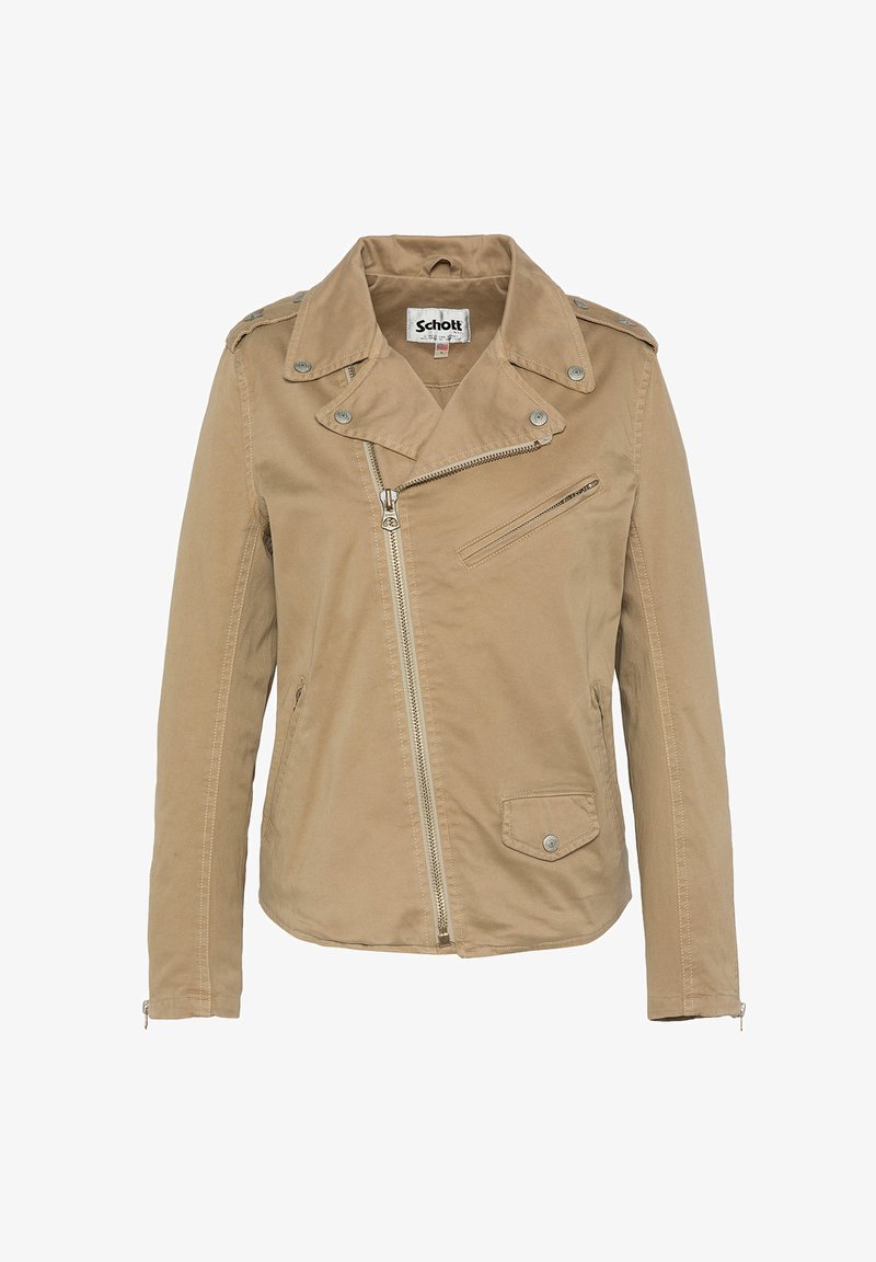 Beige Baumwolljacke mit Schalkragen und asymmetrischem Frontreißverschluss. Verfügt über eine mit Reißverschluss versehene Brusttasche und geknöpfte Seitentaschen.