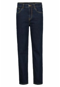 Pantalones vaqueros de mezclilla azul oscuro con un diseño de pierna recta, costuras amarillas a contraste, cinco bolsillos y cierre delantero con botón.