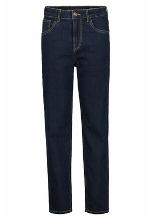Donkerblauwe denim jeans met een rechte pijpdesign, contrasterende gele stiksels, vijf zakken en een sluiting met een voorknop.