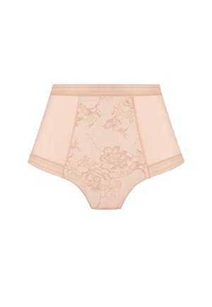 Beige high-waisted underwear made of a smooth fabric with a floral lace overlay, featuring decorative edging and a fitted silhouette.