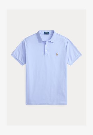 Hele sinine lühikeste varrukatega Polo Ralph Lauren polo särk kraega, kolme nupuga ja väikese tikitud logoga rinnal.