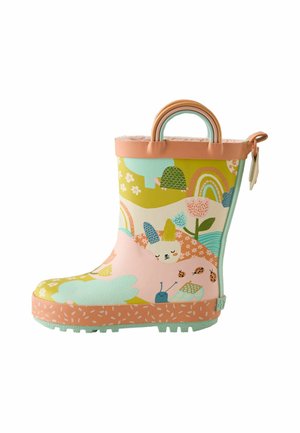 Child’s colorful rain boot with handles, decorated with rainbows, flowers, animals, and nature-inspired patterns on a white background.