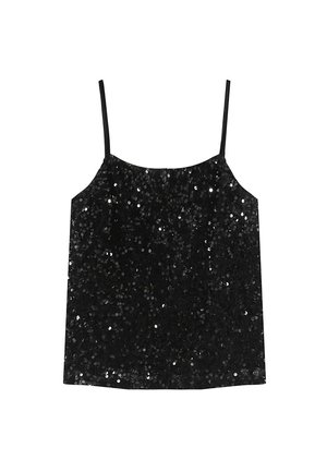 Top de tirantes ajustables finos en lentejuelas negras, con un corte holgado y una textura suave, que refleja la luz con lentejuelas dispersas.