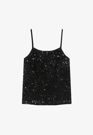 Top de tirantes ajustables finos en lentejuelas negras, con un corte holgado y una textura suave, que refleja la luz con lentejuelas dispersas.