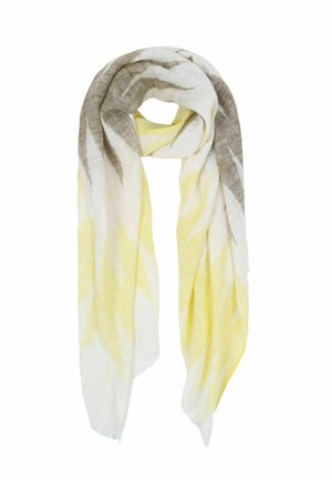 Lightweight scarf with soft yellow, white, and gray abstract stripes, loosely folded with ends hanging down.