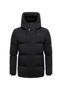 Giacca puffa nera con colletto alto, chiusura con zip frontale e cappuccio regolabile con cordino. Presenta sezioni trapuntate e polsini elasticizzati per garantire calore.