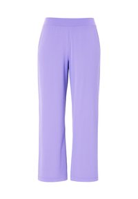 Paarse cropped broeken van glad, rekbaar materiaal met een elastische tailleband en zonder zichtbare zakken of versieringen.